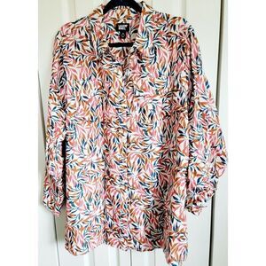 Lands End 1X 100% Linen Long‎ Roll Tab Sleeve Button Up Women's Shirt Pckts